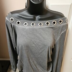 VENUS Gray Off-Shoulder Top with Silver Accents